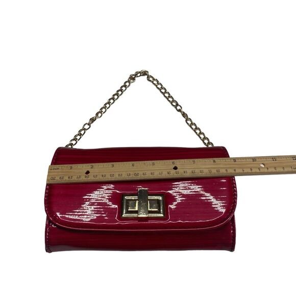 Small Red Patent Leather Clutch Handbag Bag Gold Chain Strap Polka Dot Lining - Picture 6 of 12